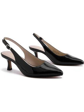 Women's Slingback Kitten Heels Pointed Toe Low Heel Black Patent Pumps Shoes
